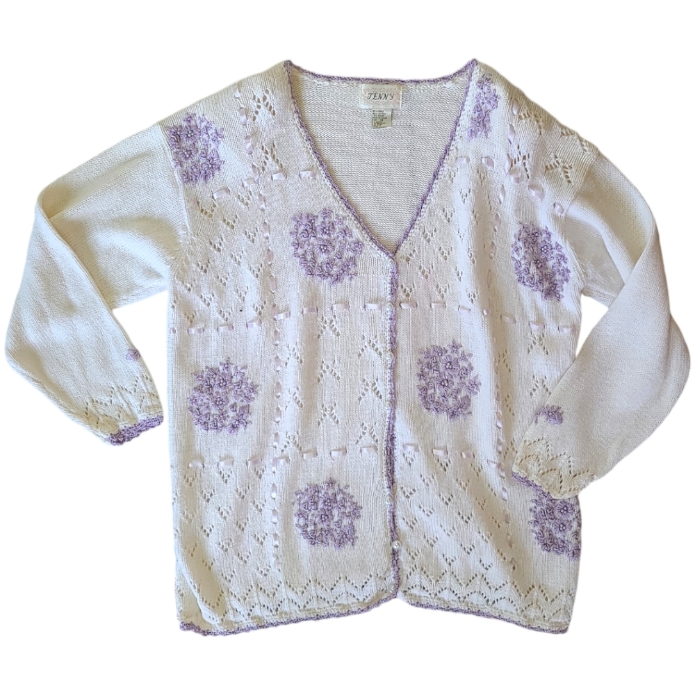 Vtg Jenny Floral Embroidered Knit Cardigan Sweater‎ white lavender M Vintage